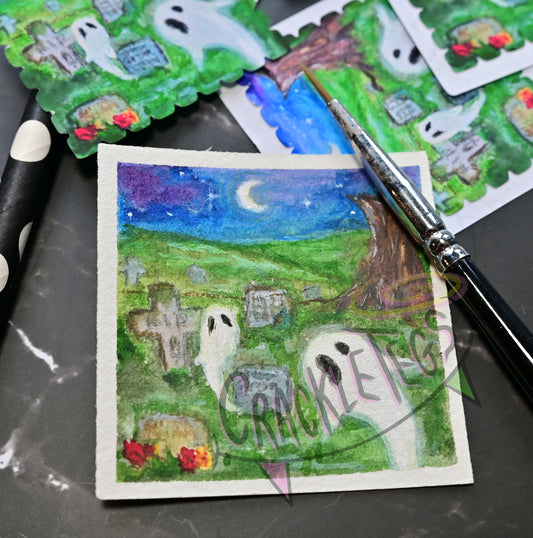 Ghostly Graveyard Stamp Sticker Pack. 6 Originally Hand-painted & Handmade Stickers.