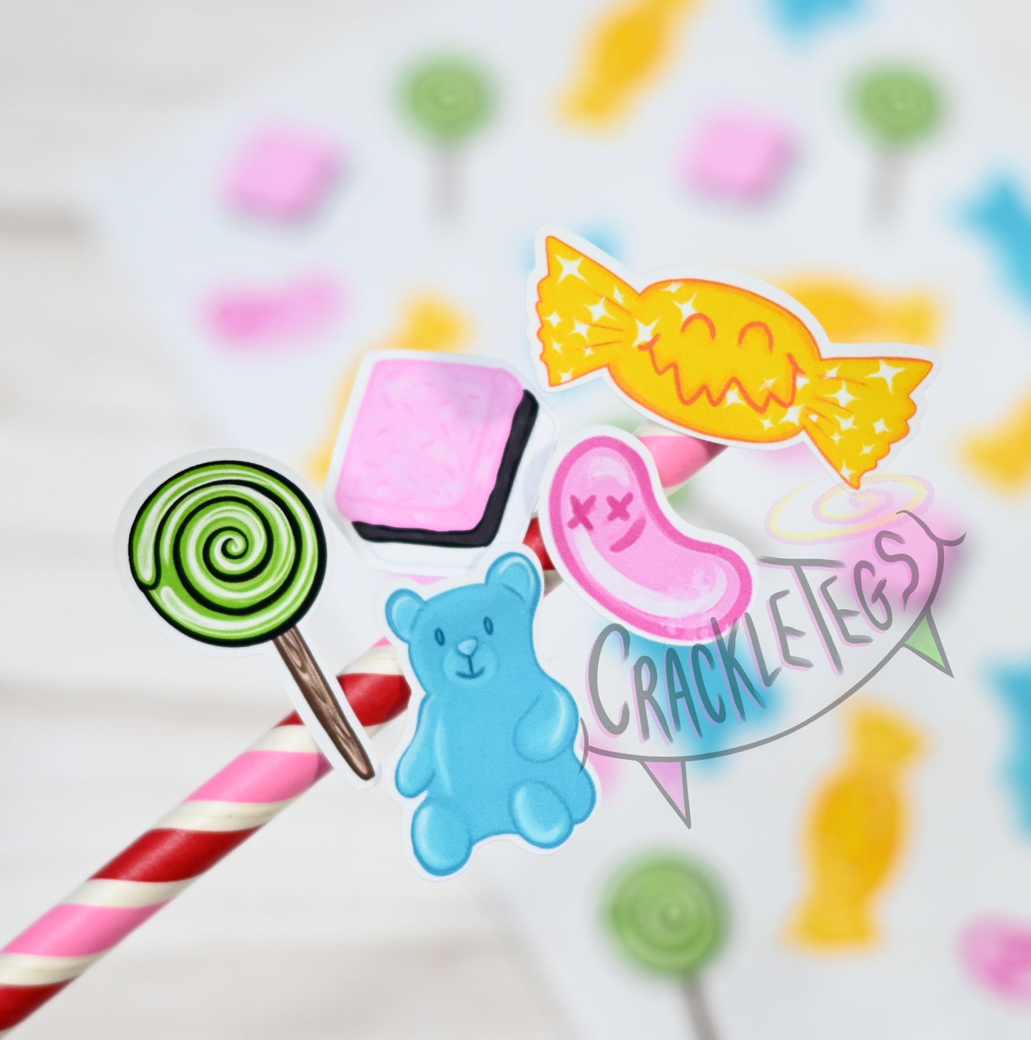CrackleTegs Mixed Candy Stickers, Sheet of 25.