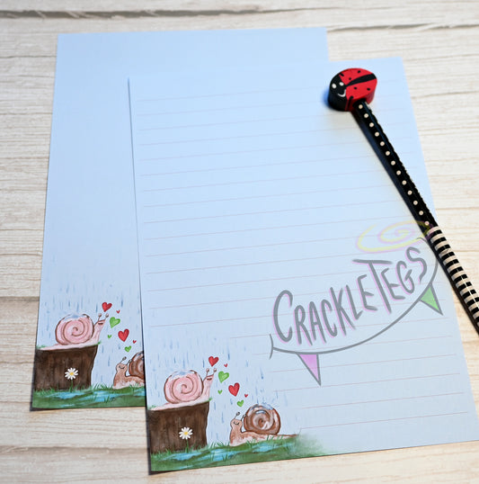 A5 Garden Snails in Love Writing Paper. 5 or 10 Sheets, Plain or Lined.
