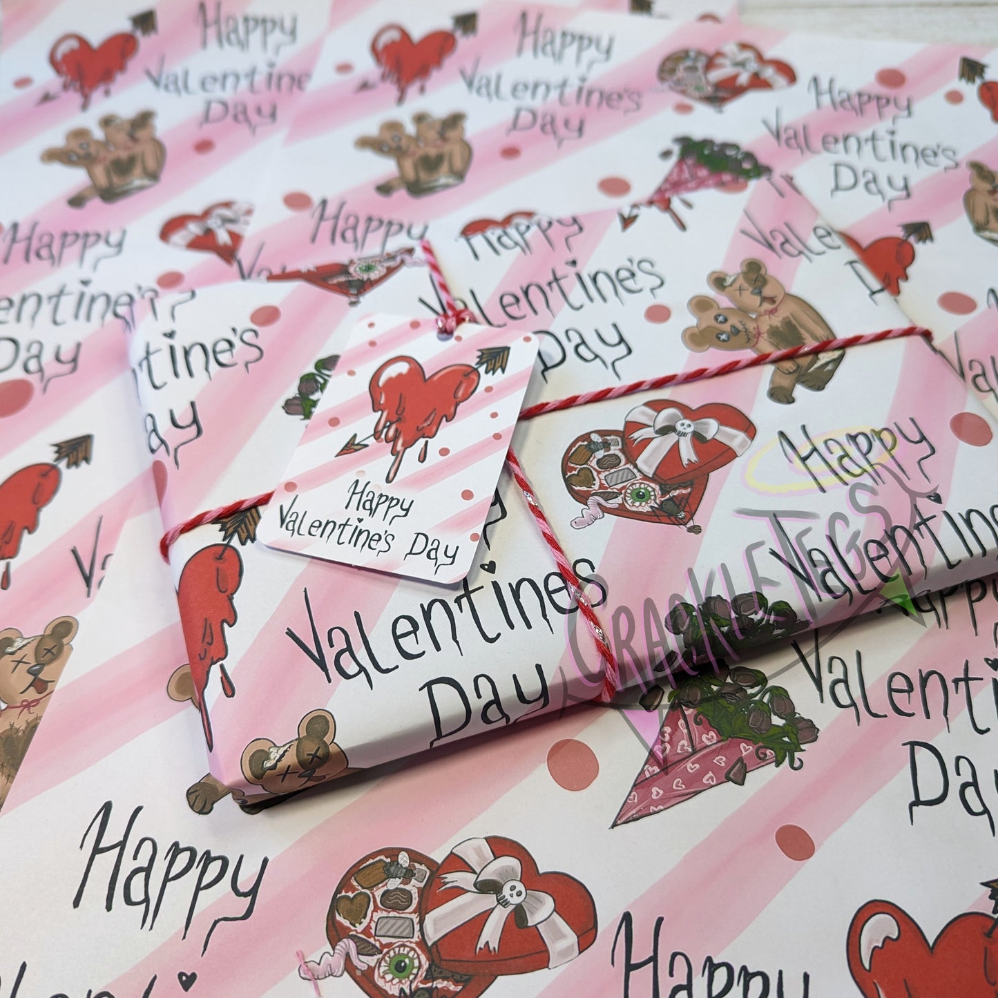 Recycled Creepy Valentine's Gift Wrap. Set of 2 Sheets & 2 Tags.