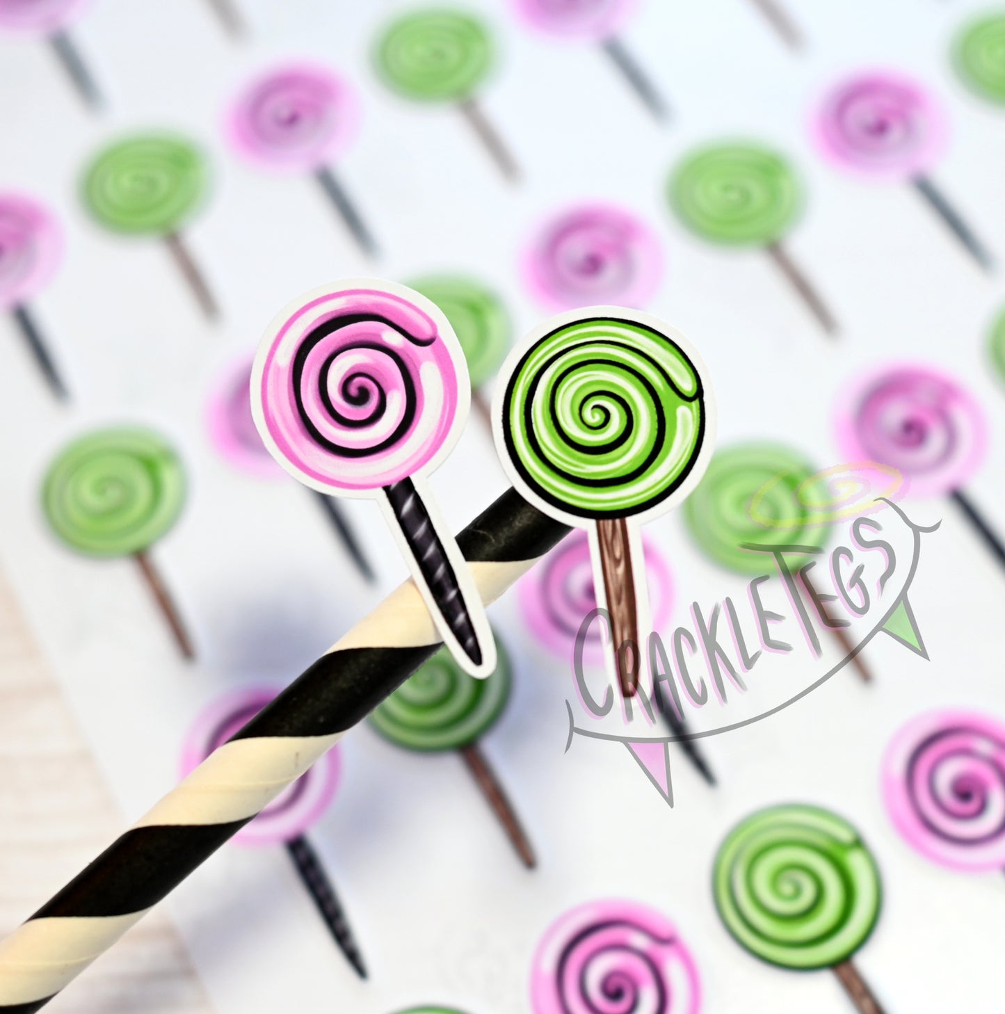 56 Pink & Green Lollipops, Hand Drawn & Handmade!