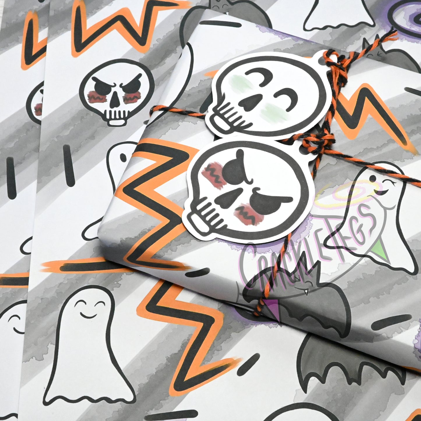 Recycled Spooky Crew, Neon Vibes Gift Wrap. Set of 2 Sheets & 2 Tags.