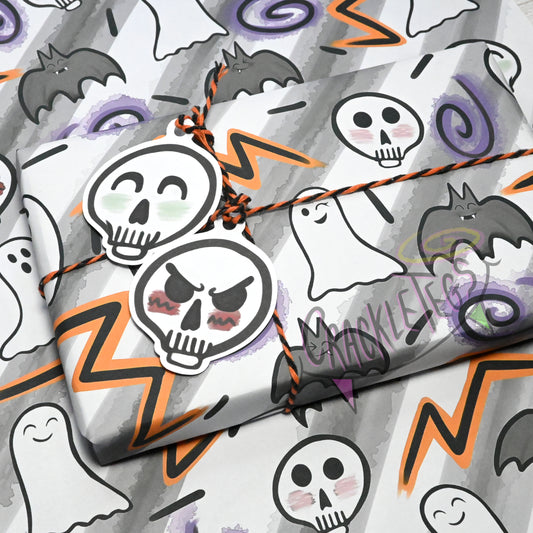 Recycled Spooky Crew, Neon Vibes Gift Wrap. Set of 2 Sheets & 2 Tags.