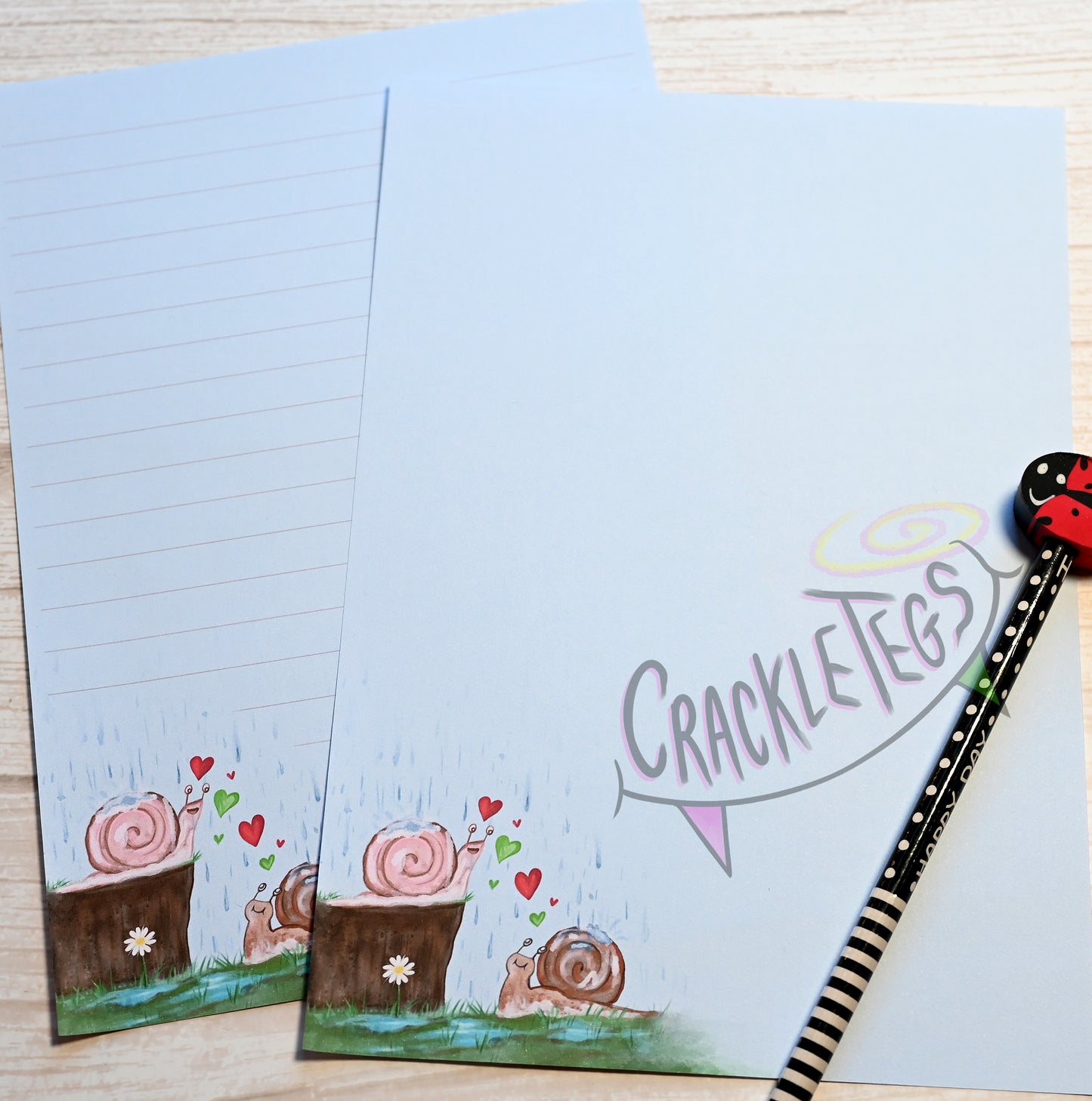 Garden Snails in Love Writing Paper. 5 or 10 Sheets, Plain or Lined.