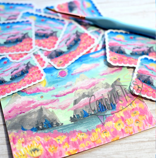 Sci-Fi Flower Planet Landscape Stickers. Pack of 6.