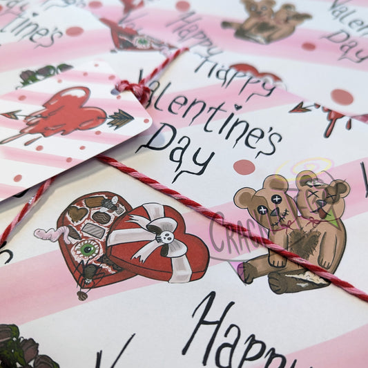 Recycled Creepy Valentine's Gift Wrap. Set of 2 Sheets & 2 Tags.