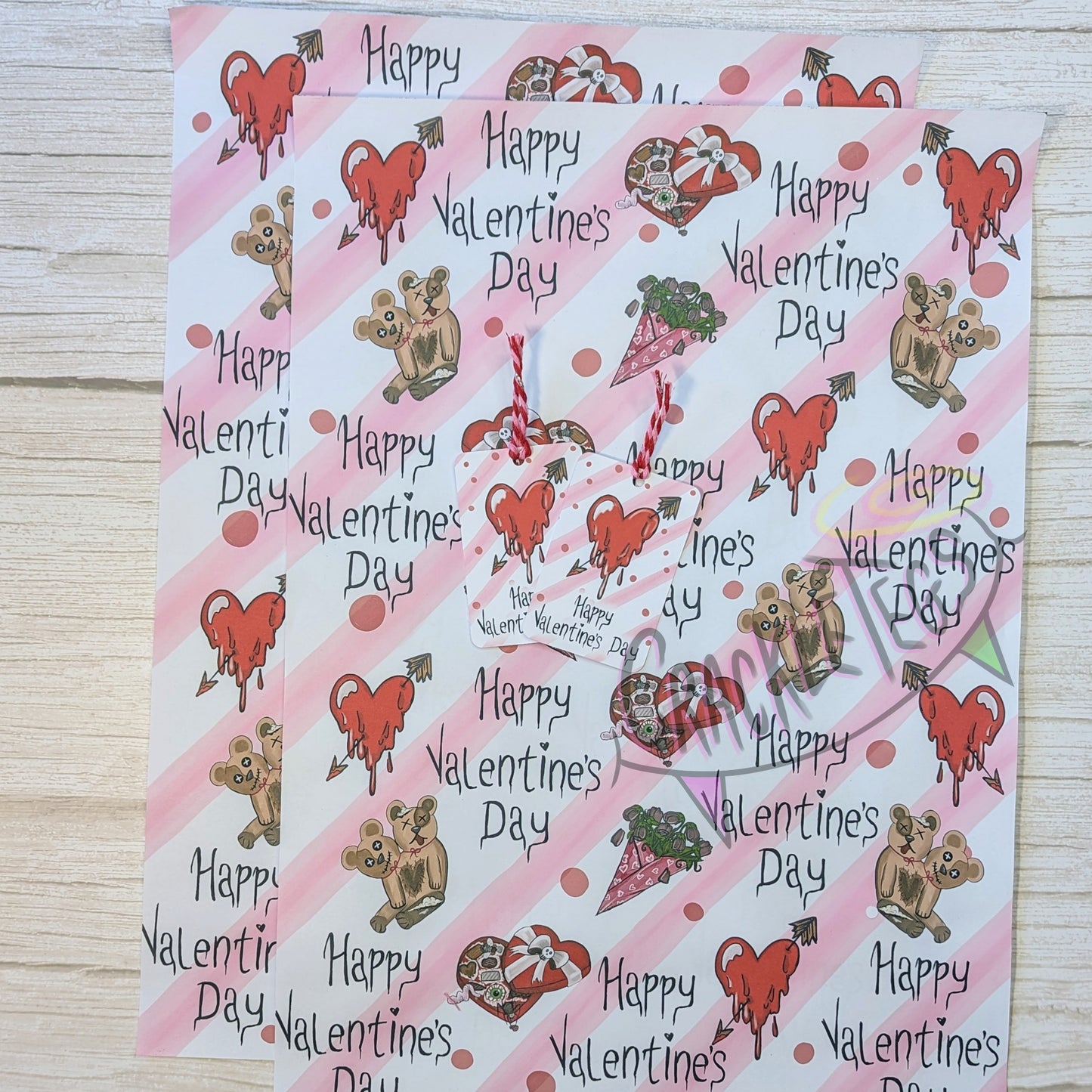 Recycled Creepy Valentine's Gift Wrap. Set of 2 Sheets & 2 Tags.