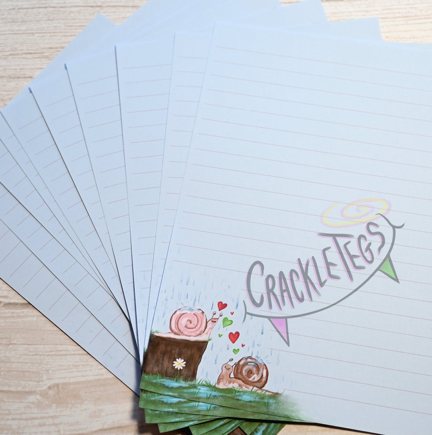 Garden Snails in Love Writing Paper. 5 or 10 Sheets, Plain or Lined.