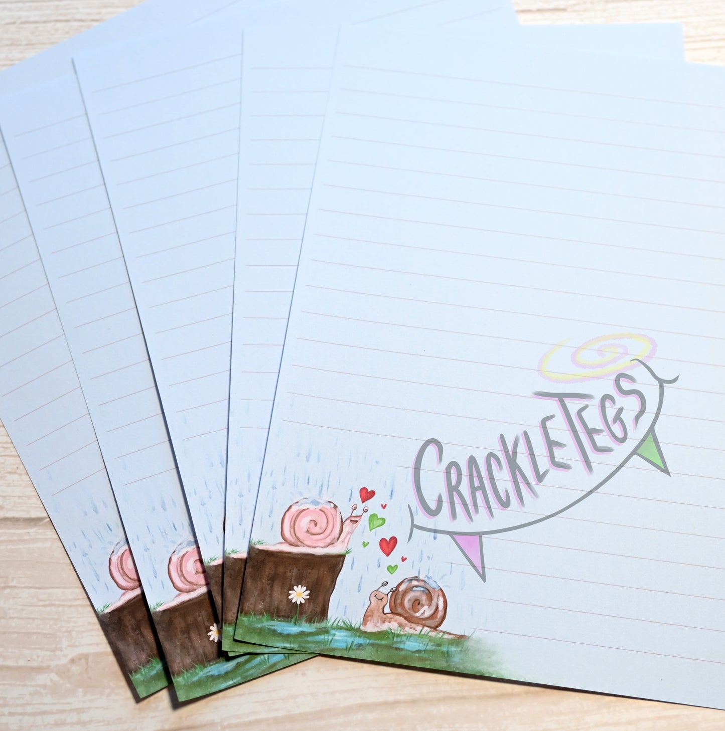 Garden Snails in Love Writing Paper. 5 or 10 Sheets, Plain or Lined.