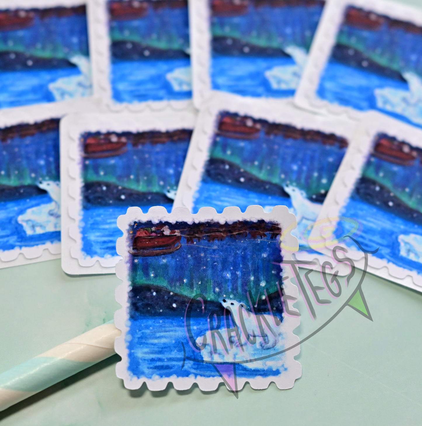 Christmas Polar Night Stamp Stickers. Pack of 8, Originally Hand-Painted.