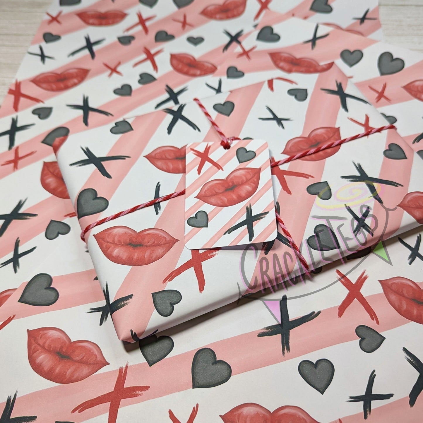 Recycled Gothic Kiss Gift Wrap. Set of 2 Sheets & 2 Tags.