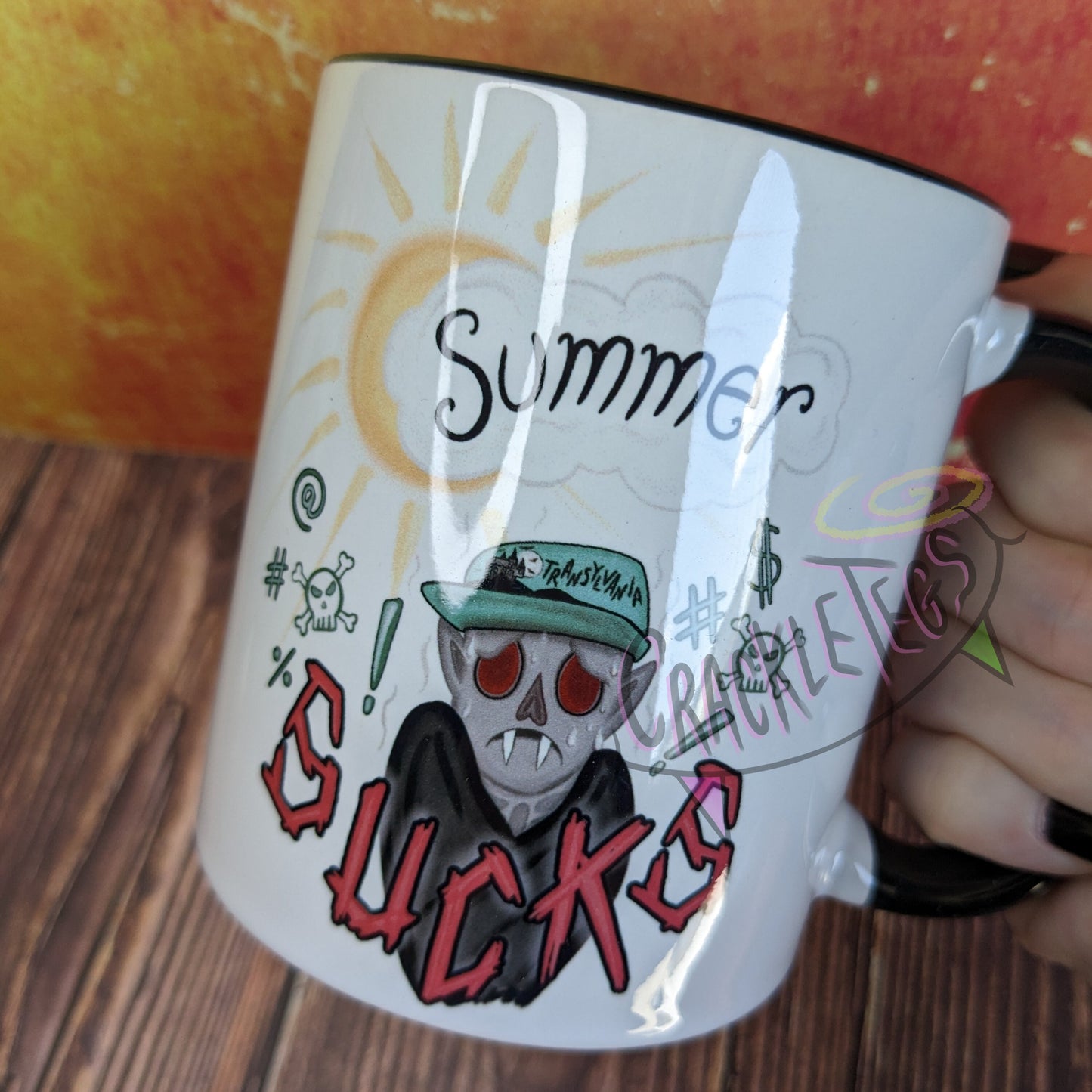 Summer Sucks, Cursing Vampire Mug. Hand Drawn CrackleTegs Original Design.