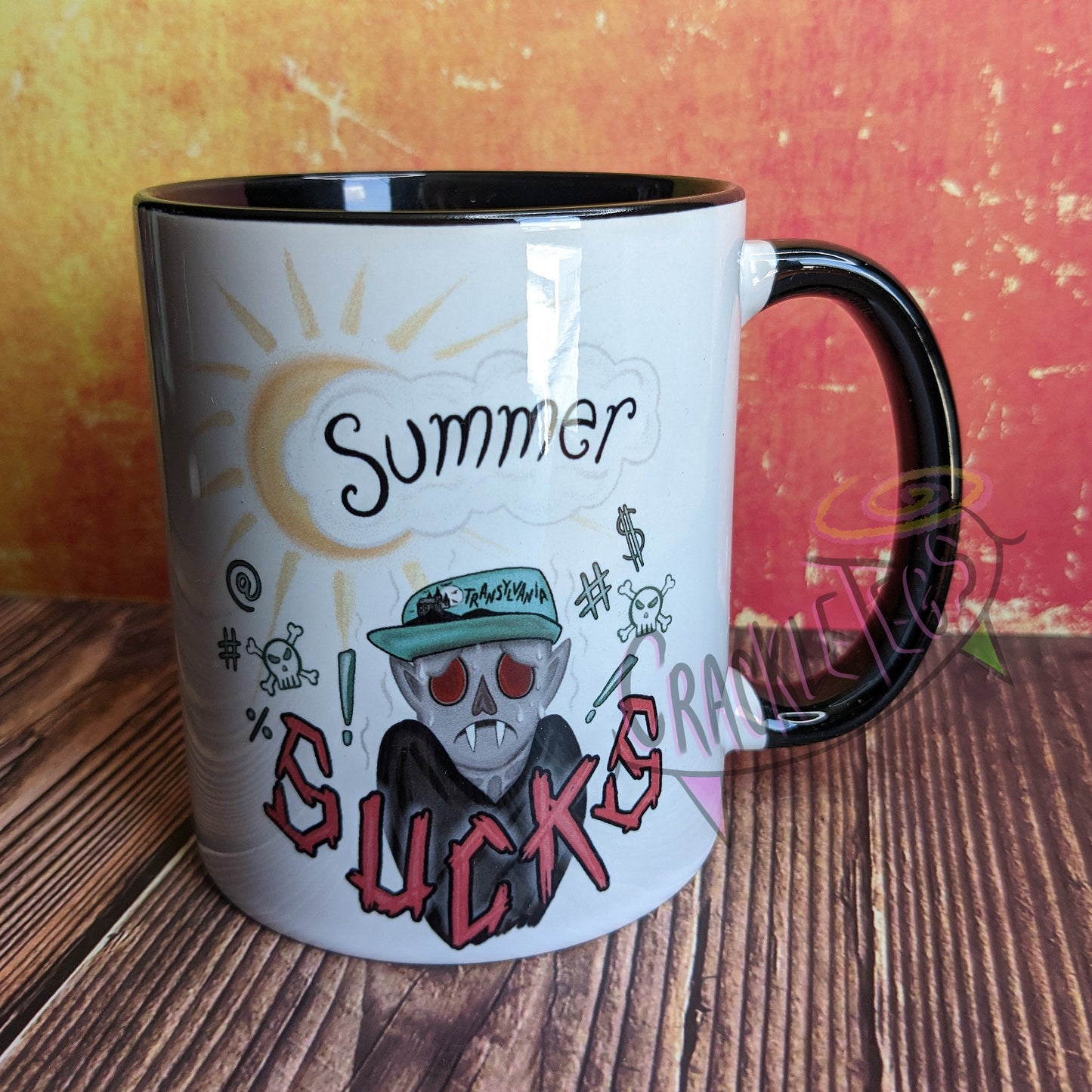 Summer Sucks, Cursing Vampire Mug. Hand Drawn CrackleTegs Original Design.