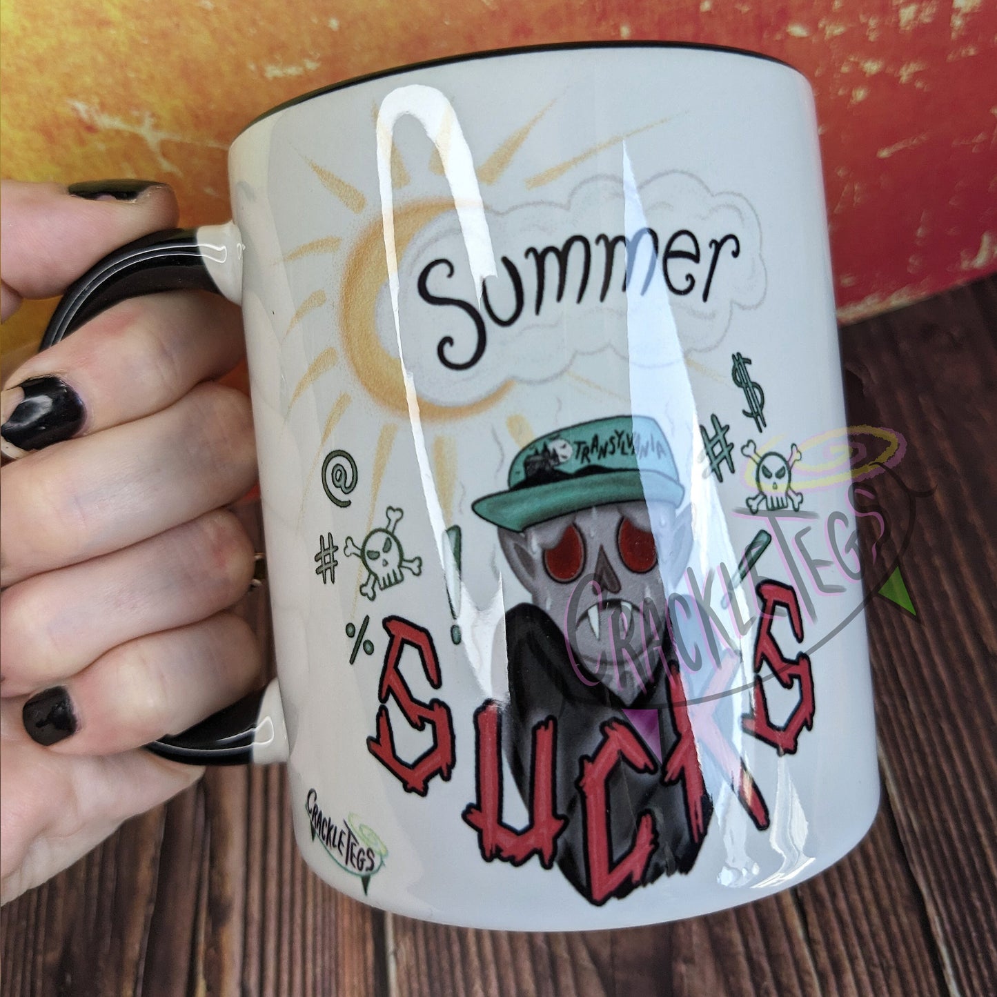 Summer Sucks, Cursing Vampire Mug. Hand Drawn CrackleTegs Original Design.