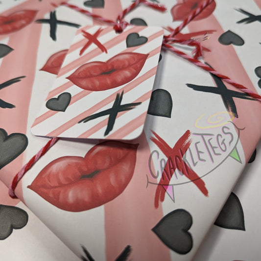Recycled Gothic Kiss Gift Wrap. Set of 2 Sheets & 2 Tags.