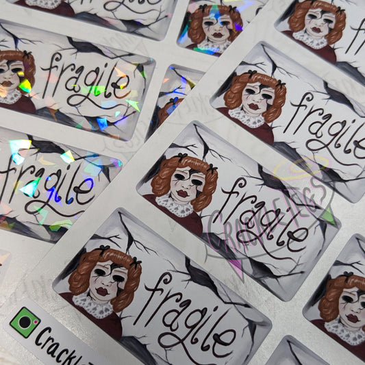 Fragile Scary Doll Stickers, Sheet of 8.