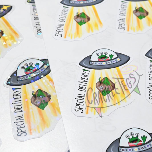 Alien Special Delivery Stickers, Sheet of 9 stickers.