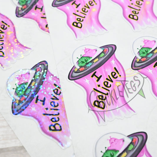 Cute I Believe Alien Stickers, Sheet of 9.