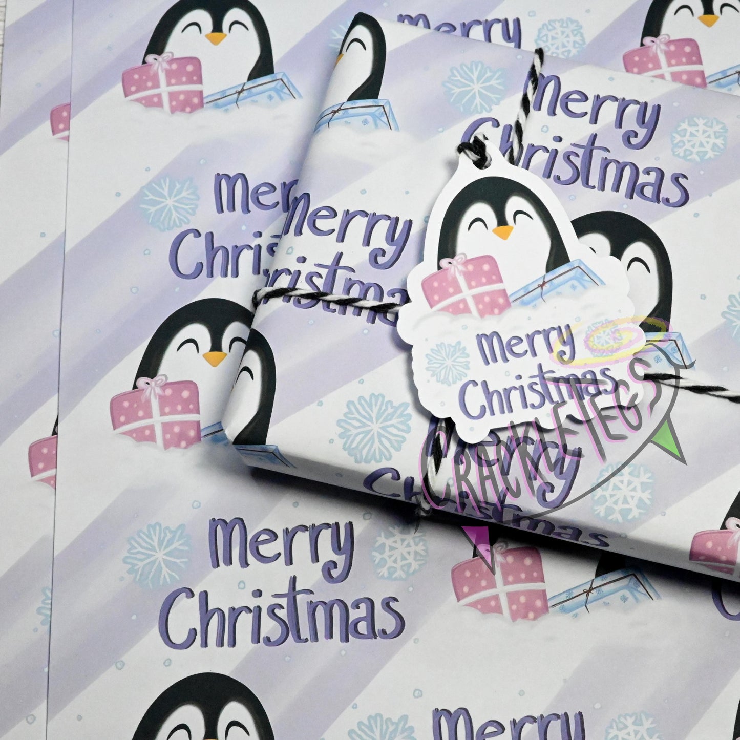 Recycled Penguin Christmas Gift Wrap. Set of 2 Sheets & 2 Tags.