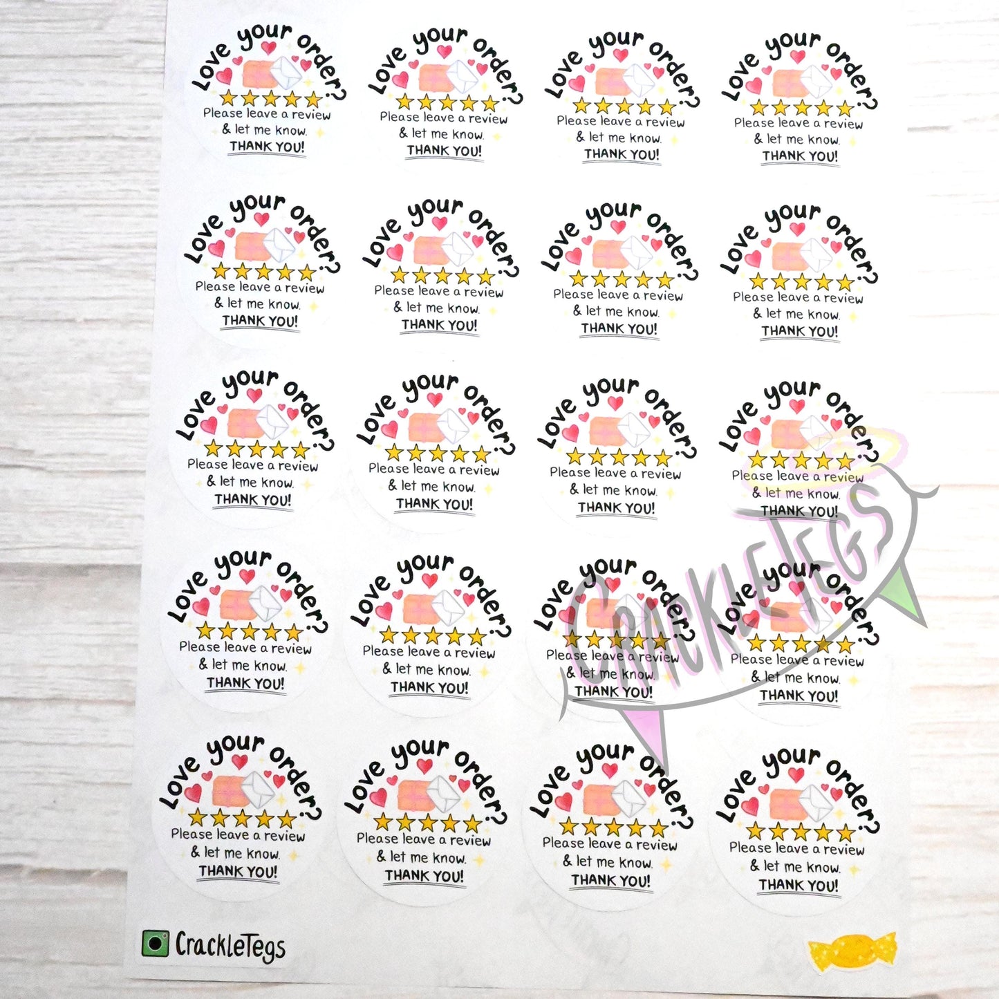 Cute Please Review Stickers, A4 sheet of 20.