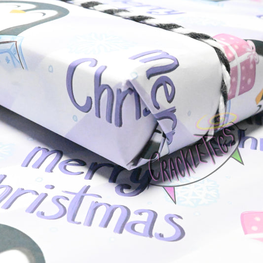 Recycled Penguin Christmas Gift Wrap. Set of 2 Sheets & 2 Tags.