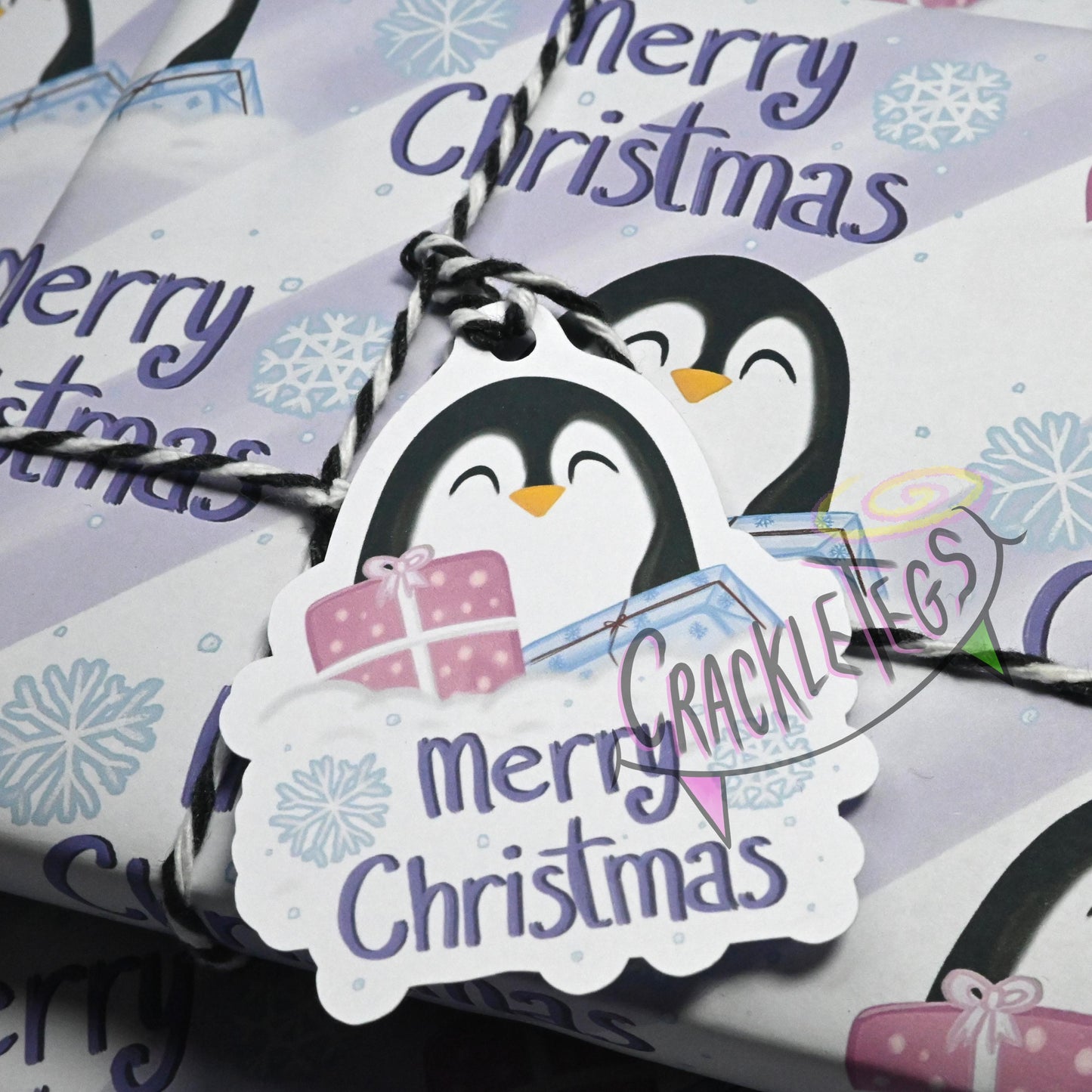 Recycled Penguin Christmas Gift Wrap. Set of 2 Sheets & 2 Tags.