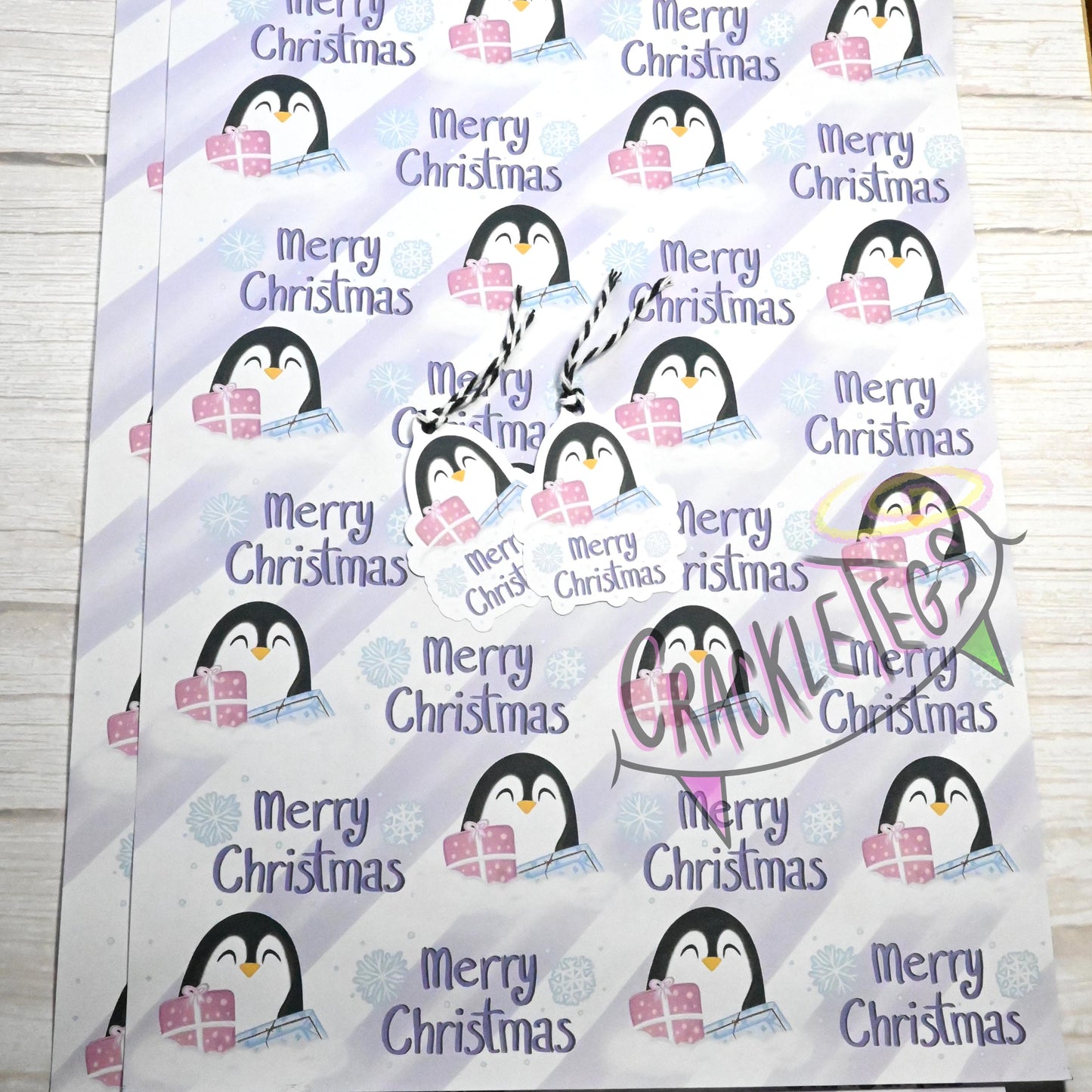 Recycled Penguin Christmas Gift Wrap. Set of 2 Sheets & 2 Tags.