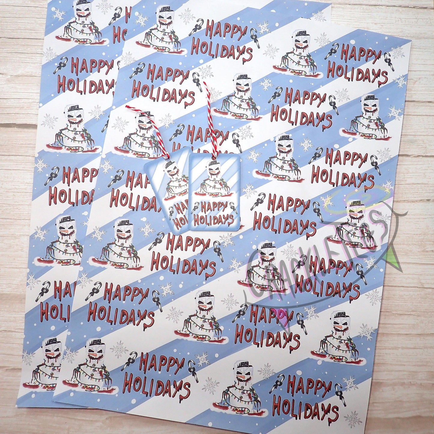 Recycled Evil Snowman Christmas Gift Wrap. Set of 2 Sheets & 2 Tags.