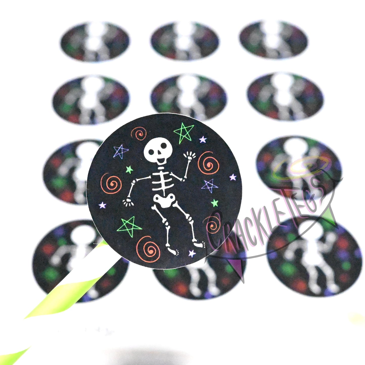 Happy Dancing Skeleton Stickers, Sheet of 12.