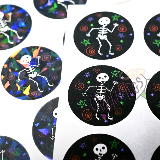 Happy Dancing Skeleton Stickers, Sheet of 12.