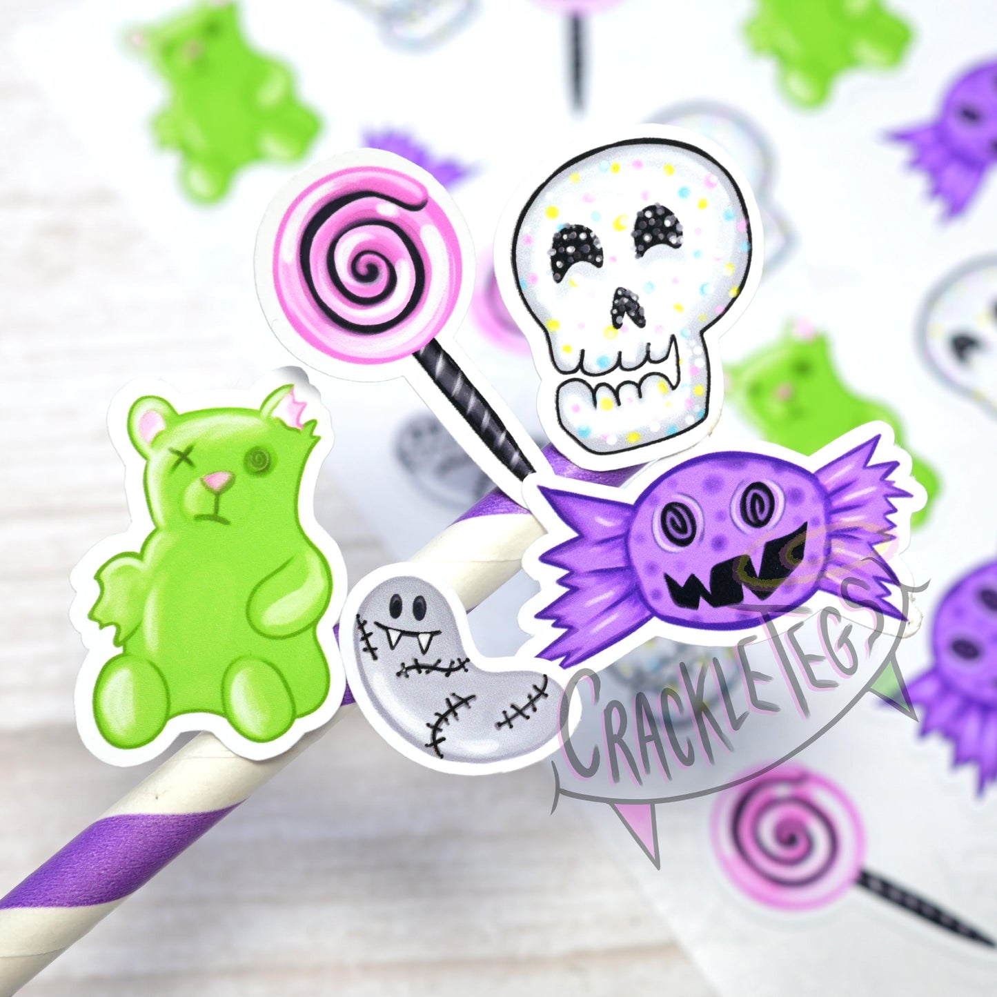 Creepy Crackletegs Candy Stickers, Sheet of 25.