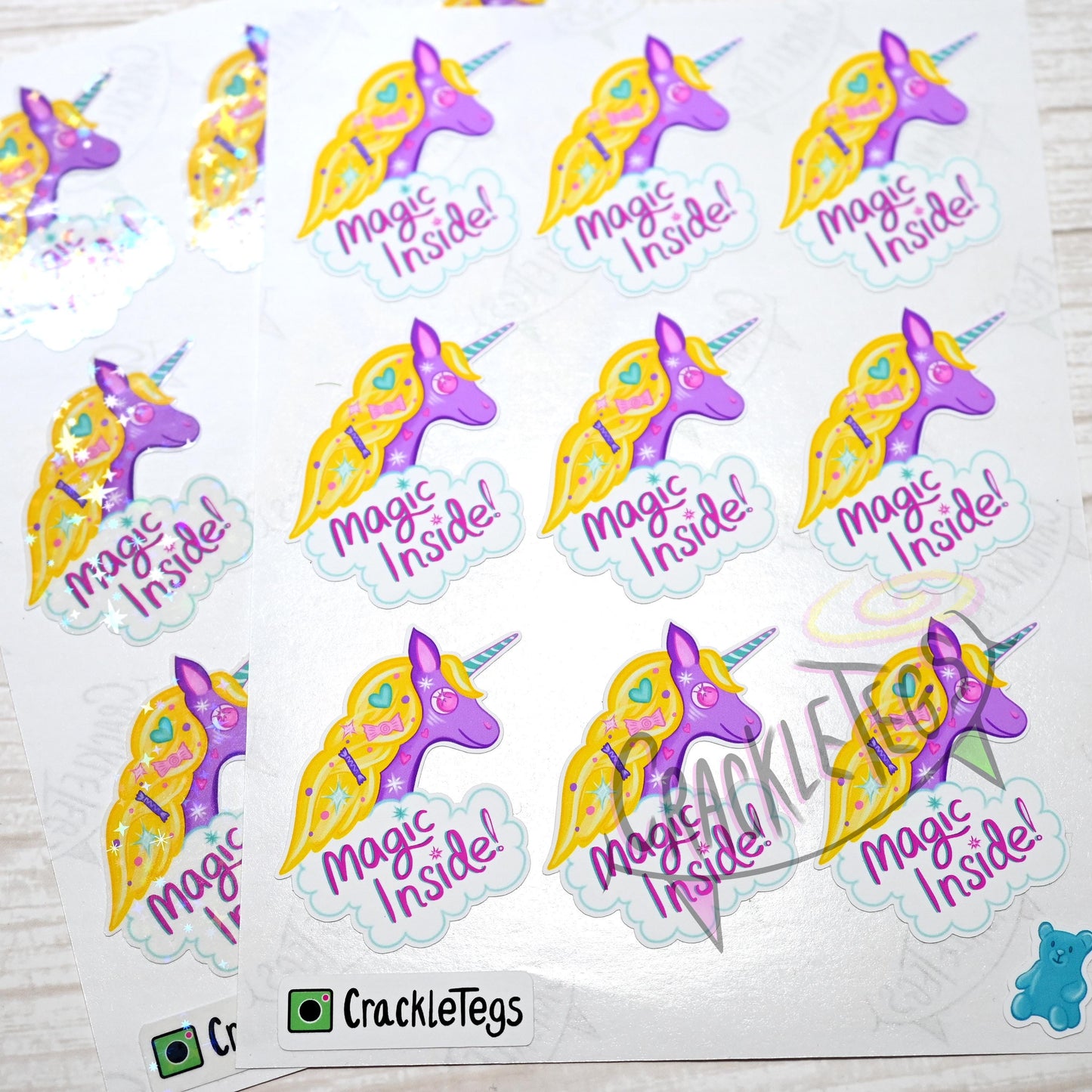 Honey the Unicorn, Magic Inside Stickers. Sheet of 9.