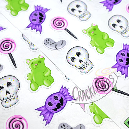 Creepy Crackletegs Candy Stickers, Sheet of 25.