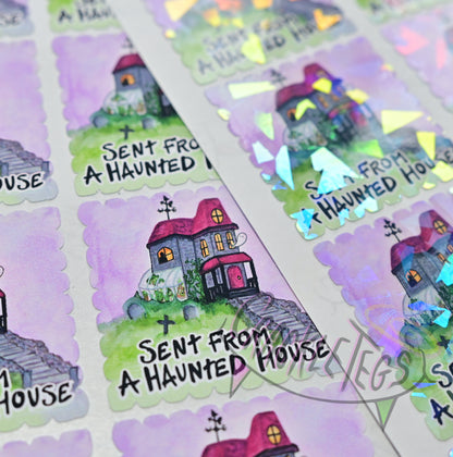 Sent From Haunted House, Return Stamp Stickers. Sheet of 12.