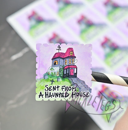 Sent From Haunted House, Return Stamp Stickers. Sheet of 12.