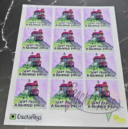 Sent From Haunted House, Return Stamp Stickers. Sheet of 12.
