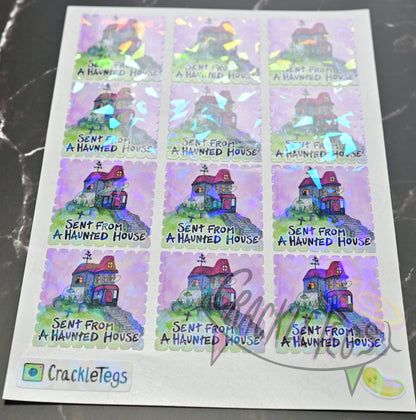 Sent From Haunted House, Return Stamp Stickers. Sheet of 12.