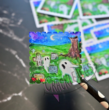 Ghostly Graveyard Stamp Sticker Pack. 6 Originally Hand-painted & Handmade Stickers.