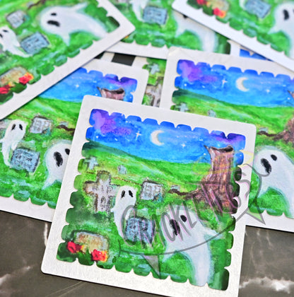 Ghostly Graveyard Stamp Sticker Pack. 6 Originally Hand-painted & Handmade Stickers.