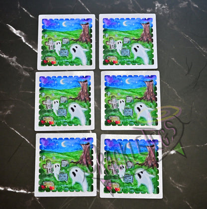 Ghostly Graveyard Stamp Sticker Pack. 6 Originally Hand-painted & Handmade Stickers.
