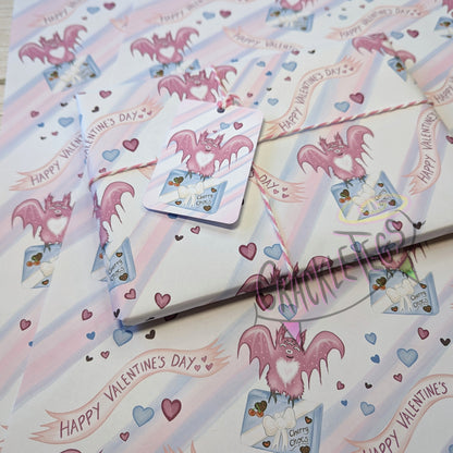Recycled Valentine's Pigney Gift Wrap. Set of 2 Sheets & 2 Tags.
