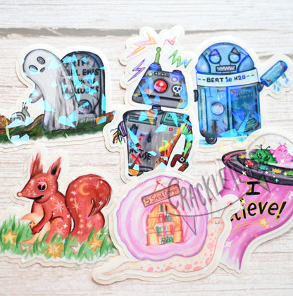 Vinyl Holographic Stickers, You Choose! 1 Original CrackleTegs Character.