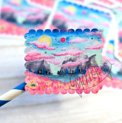 Sci-Fi Flower Planet Landscape Stickers. Pack of 6.