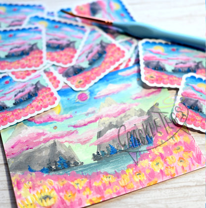 Sci-Fi Flower Planet Landscape Stickers. Pack of 6.