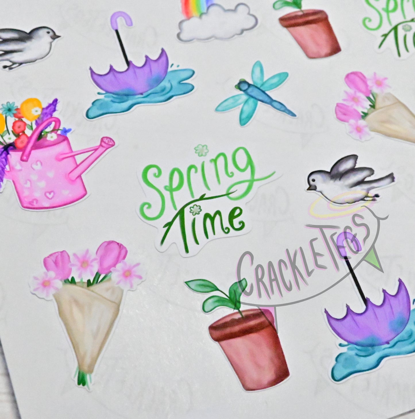 Watercolour Spring Stickers. Sheet of 32