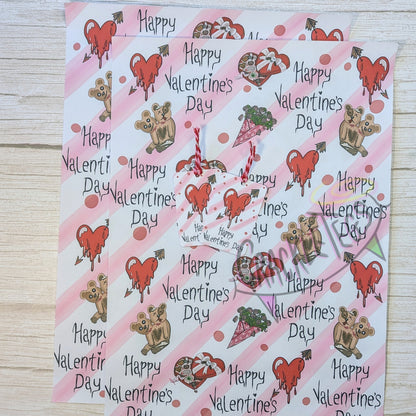 Recycled Creepy Valentine's Gift Wrap. Set of 2 Sheets & 2 Tags.