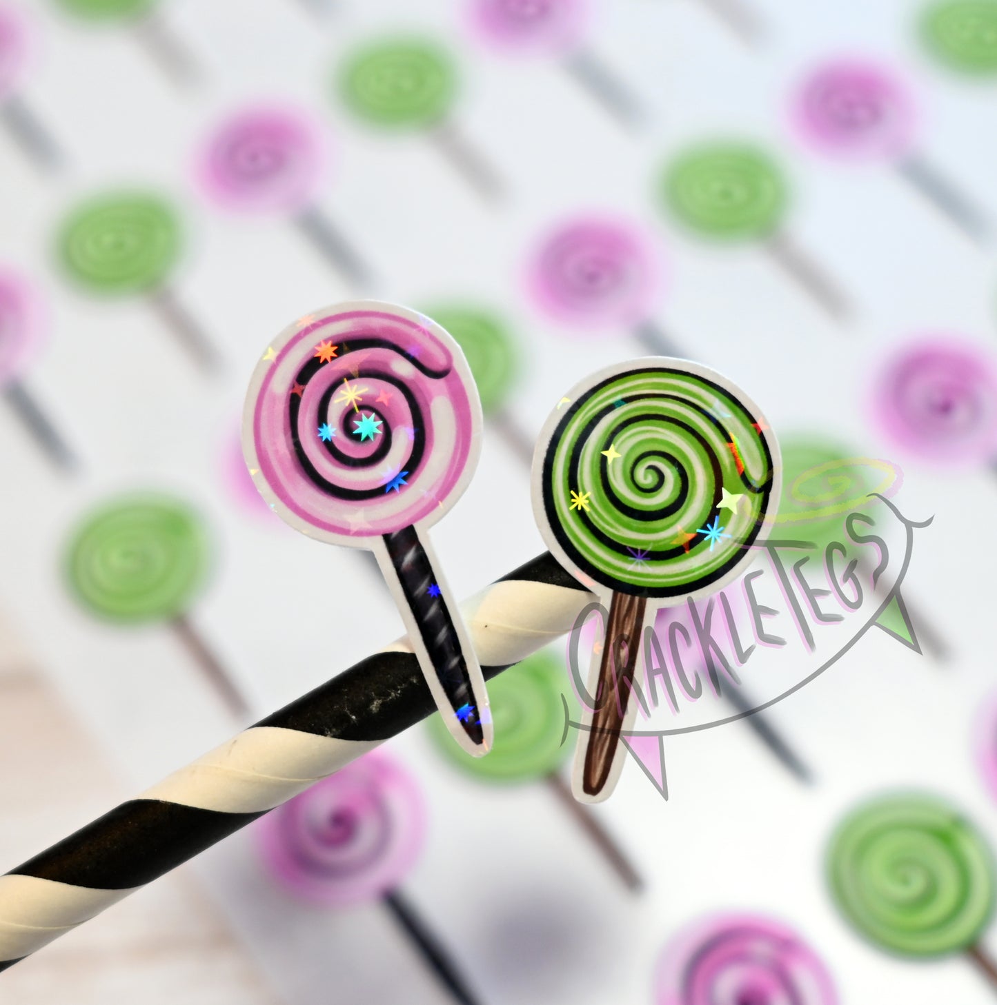 56 Pink & Green Lollipops, Hand Drawn &  Handmade!