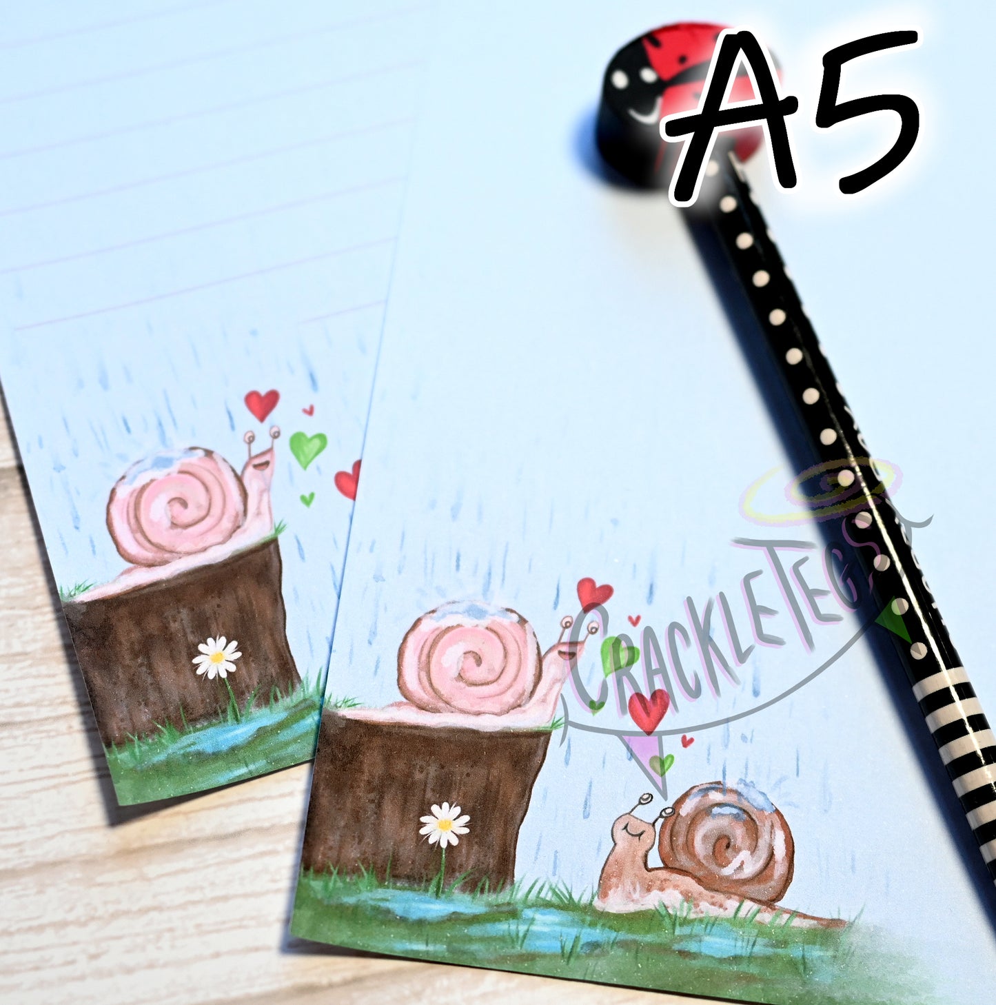 A5 Garden Snails in Love Writing Paper. 5 or 10 Sheets, Plain or Lined.