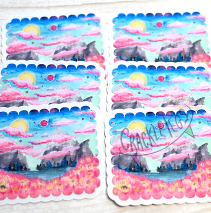 Sci-Fi Flower Planet Landscape Stickers. Pack of 6.
