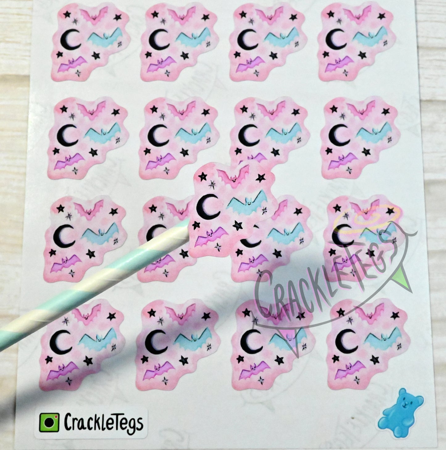 Pastel Bat Stickers, Sheet of 16.